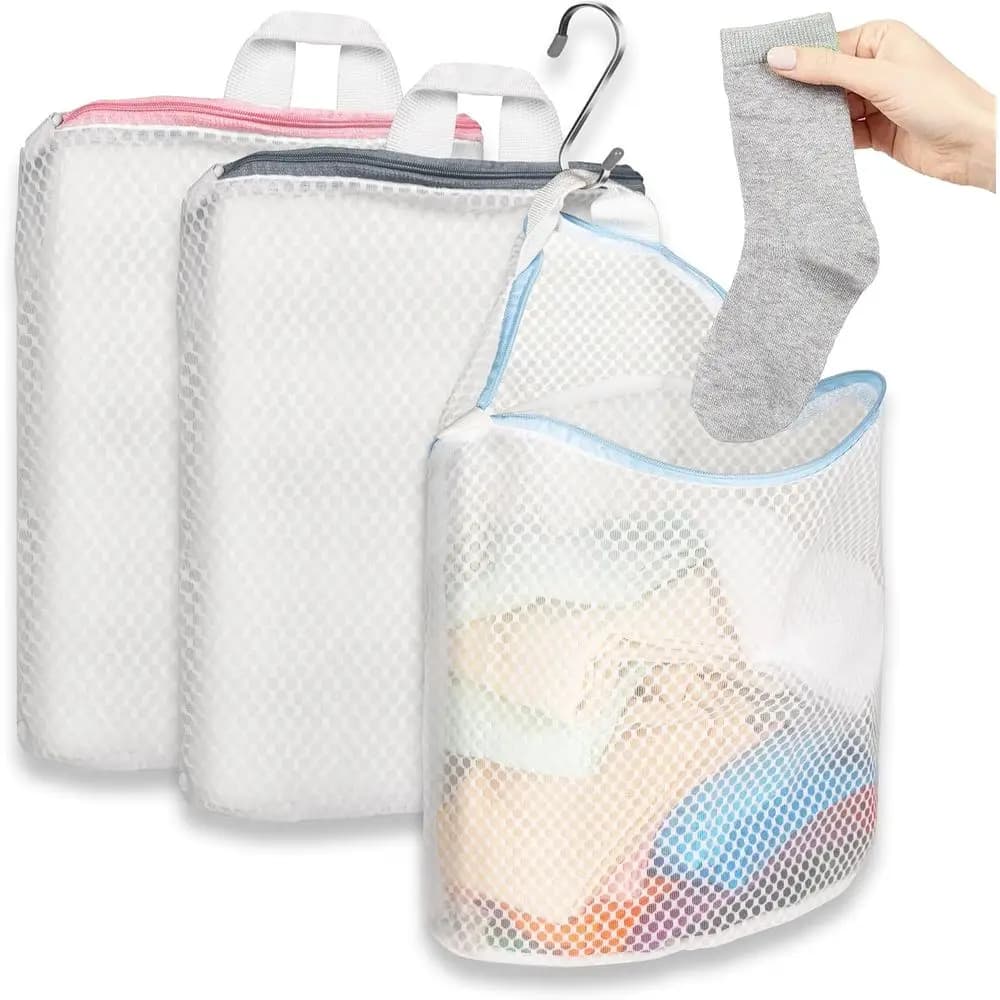 Hanging Laundry Bags or Socks with S Hooks, 12 X 10 inch, 3 Color Mesh Laundry Bags or Washing Line