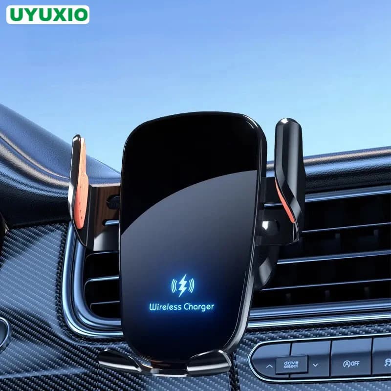 UYUXIO Supporto per telefono per auto Morsetto manuale Presa d'aria Caricatore per auto wireless Adattatore di ricarica rapida da 15 W per iPhone 16 15 14 Samsung