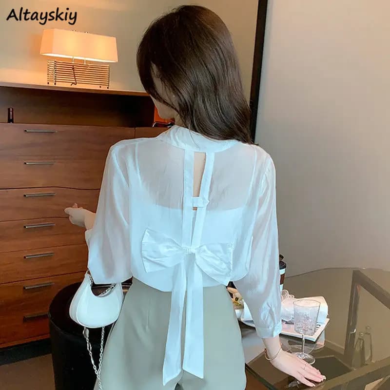 Camicie sottili estive donna Ins fasciatura Chic stile coreano abbigliamento femminile delicato per il tempo libero a prova di sole elegante tinta unita tutto-fiammifero