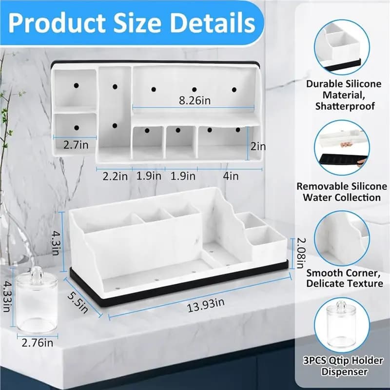 ABBY-Silicone Organizer da bagno in silicone con 3 supporti per bastoncini Q-tip, portaoggetti da appoggio per bagno, incluso porta spazzolino da denti