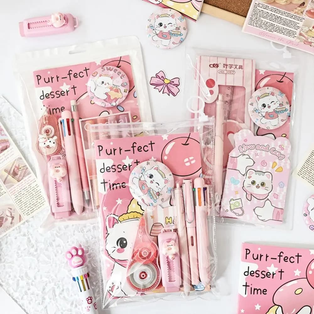 Set di cancelleria con design a forma di gatto da 5/8/10 pezzi, kit regalo per studenti, evidenziatore, quaderno, scuola, ufficio