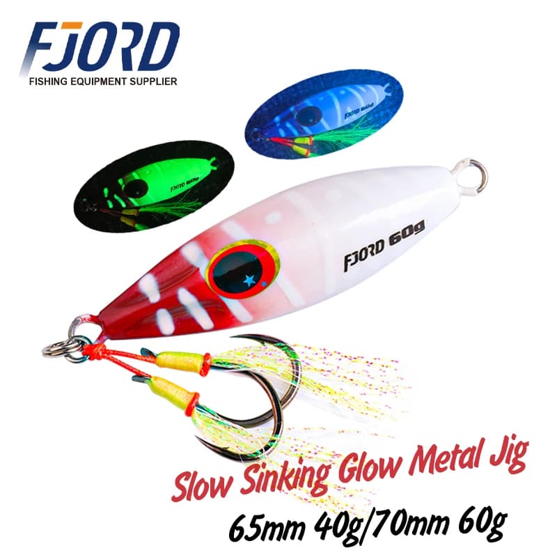 FJORD 40g 60g Jig in metallo Esche da pesca in mare Esche dure finte Bagliore scuro con gancio assistente Accessori per la pesca Attrezzatura Attrezzatura