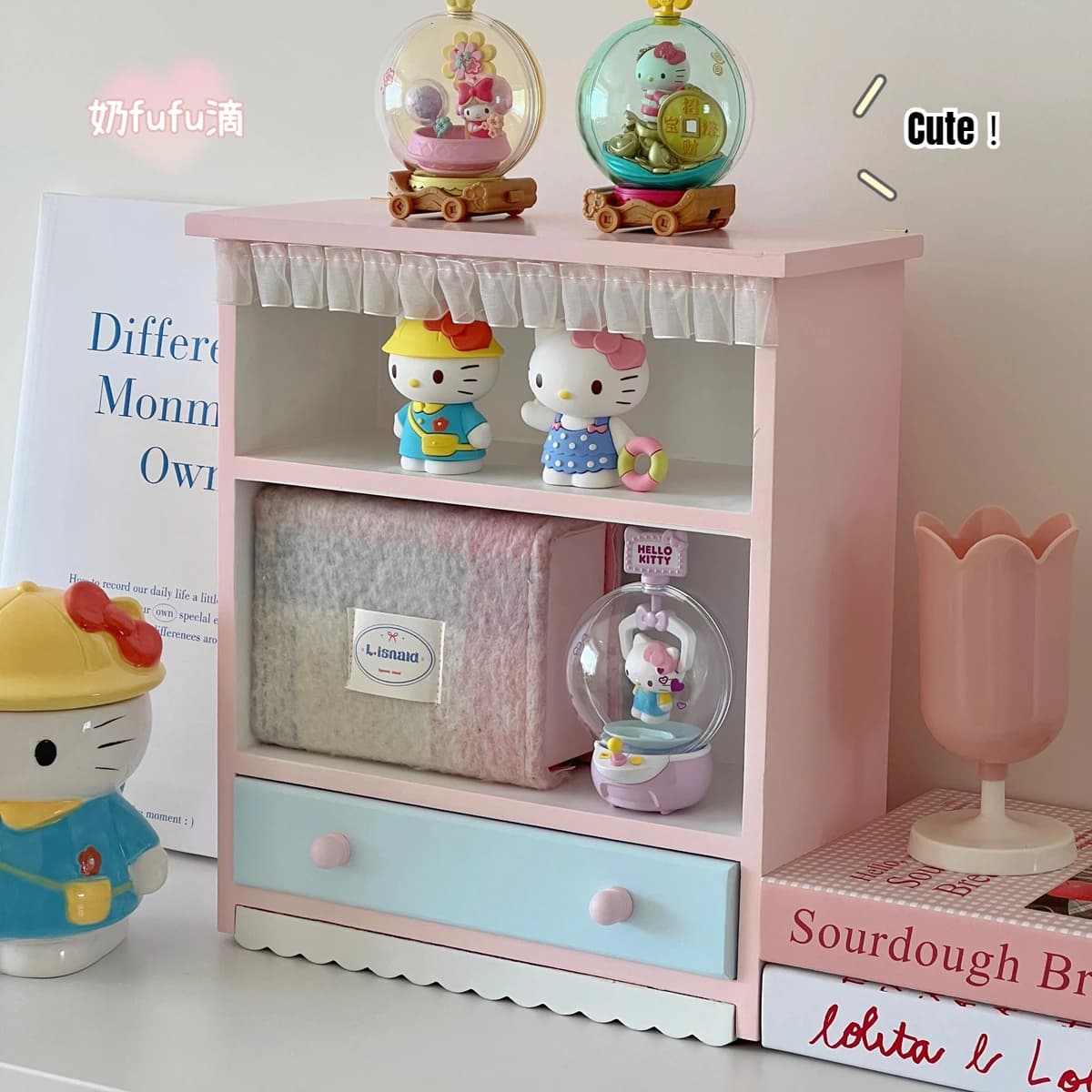 Ins Wooden display Double layer table cabinet Doll holder box Multifunction shelf for cosmetic and perfume ornaments