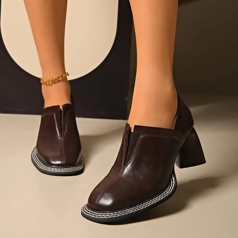 Vintage Moccasins with high heel and square tip for women 2026 Decolleté signed with spring seams formal office shoes for women