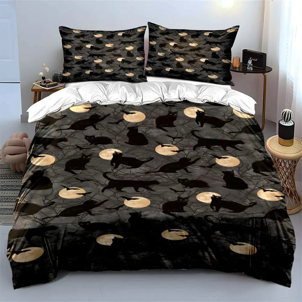 Black Cat Full Moon Bat Branch Pattern Duvet Print Bedding Set 1 Duvet Cover 2 Pillowcases for Adult and Children Luxury Gift