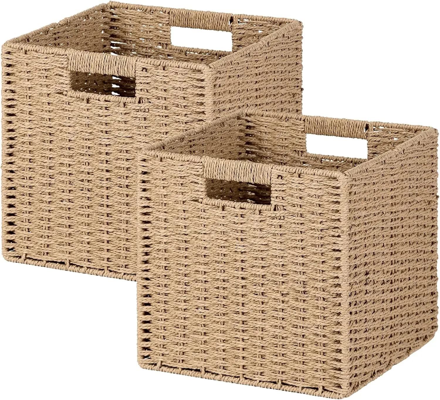Set di 2 Cesti Portaoggetti Pieghevoli in Tessuto, Contenitori Organizzatori Beige Naturale per Scaffali e Armadi