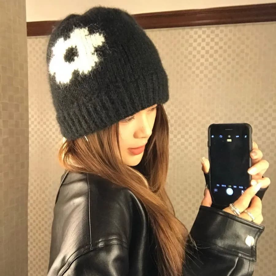 Winter Warm Hat Handmade Beanies Women Weaving Knitted Hat Y2k Fashion Flowers Autumn Beanies Cap