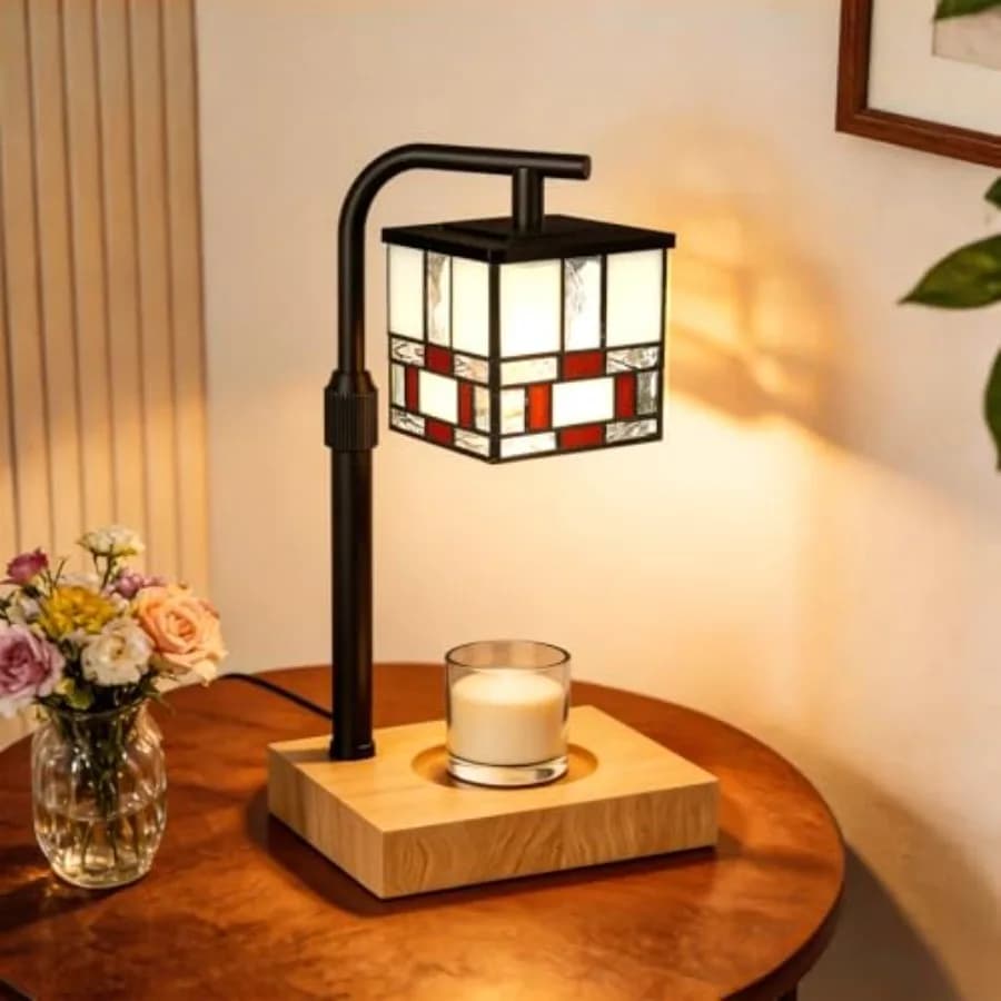 Electric Wax Warmer Lamp with Timer and Dimmer - Architecture Tiffany Style Candle Lamp with Natural Wood Base, Height Adjustab