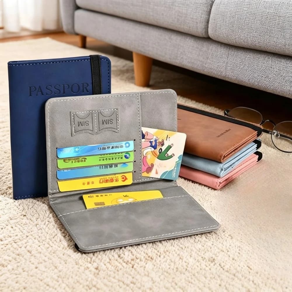 Solid PU Leather Passport Holder with Elastic Tie Strap ID Credit SIM Slots Travel Wallet Card Ticket Organizer Passport Cover