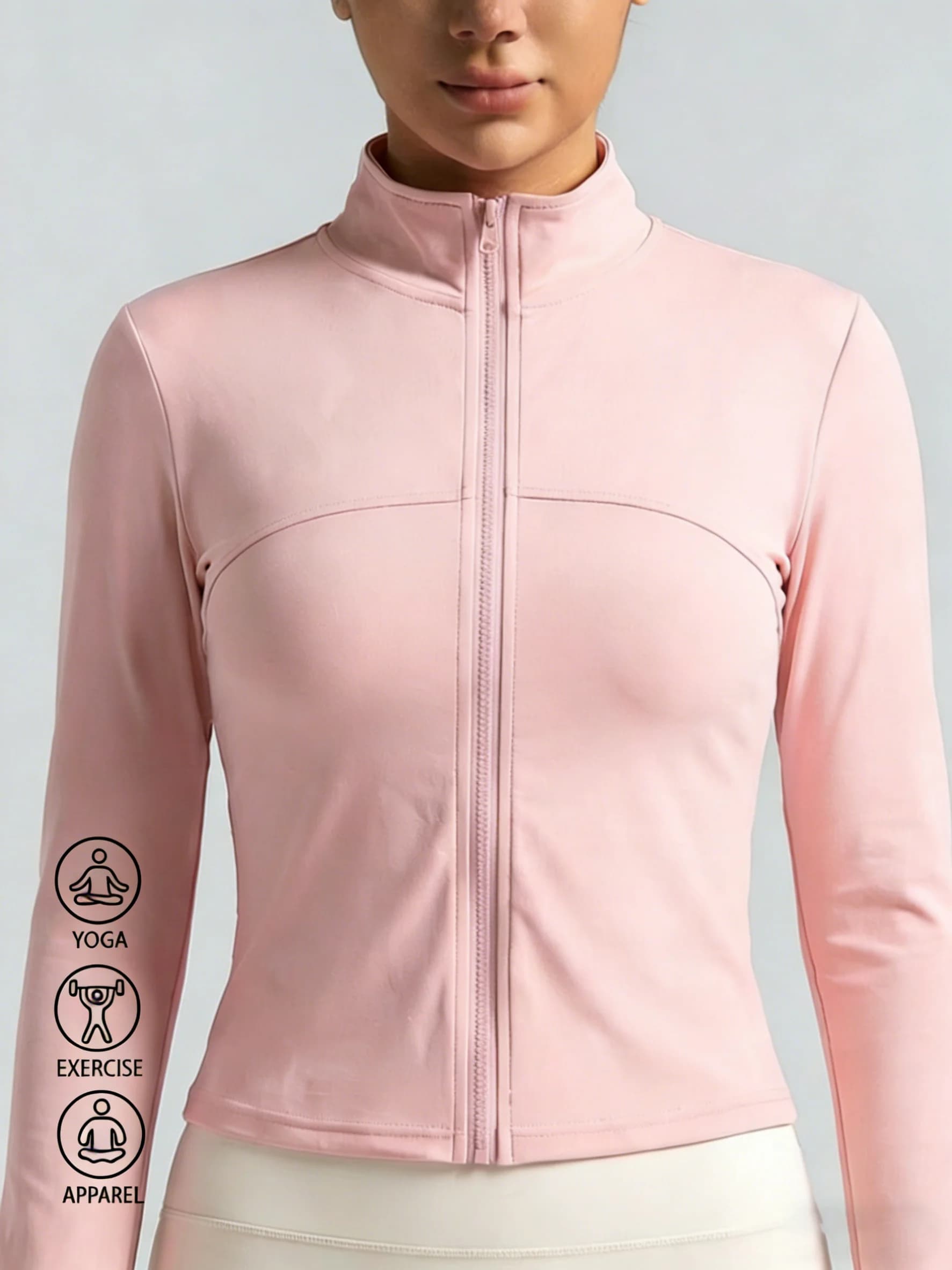 New women's light pink yoga jacket, fast drying, with zip, slim fit, high neck, for fitness, gym, workouts, outdoor activities