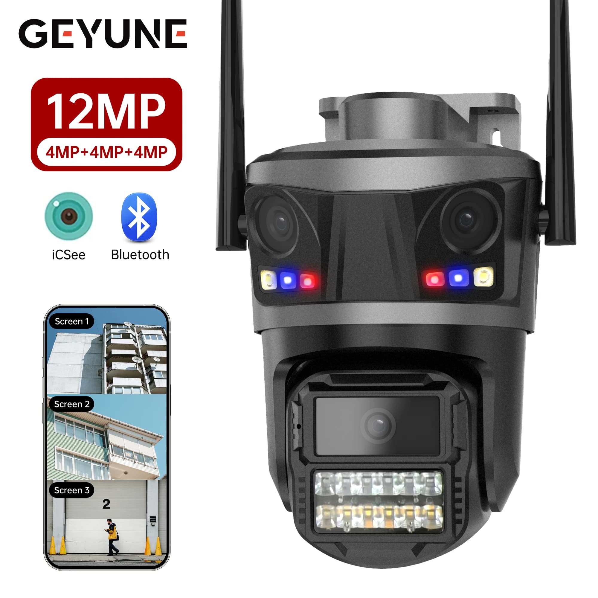Telecamera IP WIFI 6K HD a tre obiettivi per esterni Telecamera PTZ a tre schermi Ai Rilevamento umano IP66 Video sorveglianza CCTV impermeabile iCsee