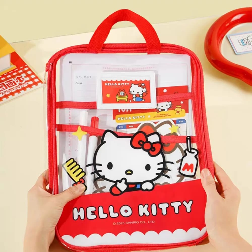 Autentica Cartella Trasparente A4 Sanrio Hello Kitty, Borsa con Cerniera a Tre Scomparti con Gatto Cartoon KT, Borsa Portatile per Studenti per Organizzare Materiale Scolastico
