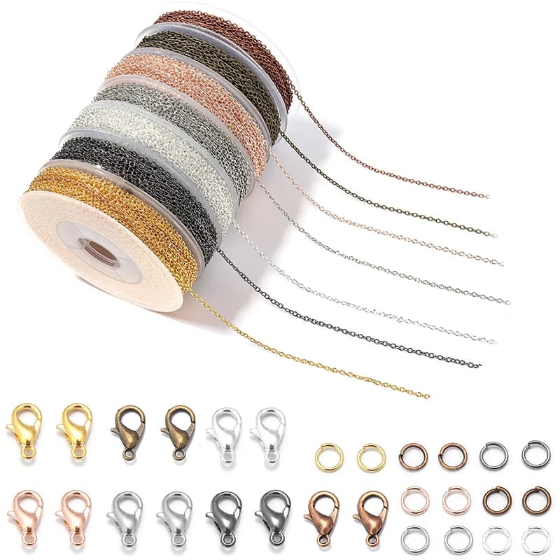 Catena a maglie in ferro metallico da 3 m/rotolo con anelli di salto Chiusure a moschettone a cerchio singolo per la creazione di gioielli Accessori per collane fai da te