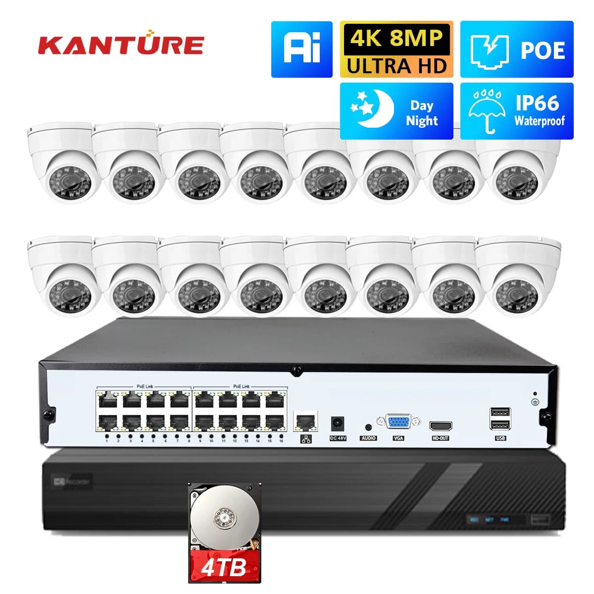 KANTURE 16CH 4K HD Security camera system POE IP Indoor Outdoor AI Human detection 8 MP waterproof video surveillance kit