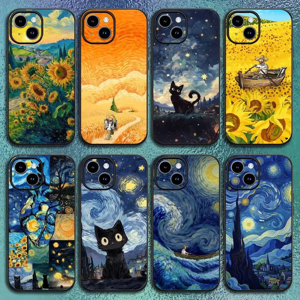 V-Van Gogh Starry Night Sunflower Cat Phone Case For IPhone 11 12 13 14 15 16Pro Max Plus Classic Black Soft Shell