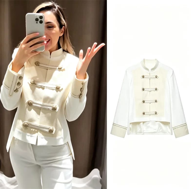 2026 Vintage Chinese Style Frog Button Blouse Women Spliced Long Sleeve Stand Collar Short Outerwear