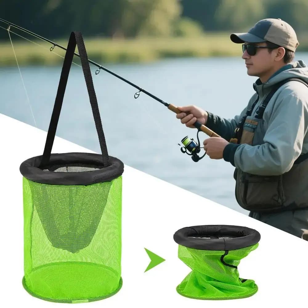 Durable Mesh Foldable Fishing Basket Drawstring Closure Bait Container Round Floating Basket 25/35cm Collapsible Live Fish Net