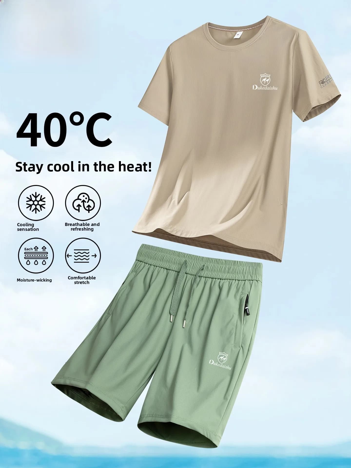 Set di Abbigliamento Sportivo da Uomo in Tessuto Traspirante Effetto Seta, Asciugatura Rapida, Leggero, Estivo, T-shirt e Pantaloncini, Set Casual per Sport