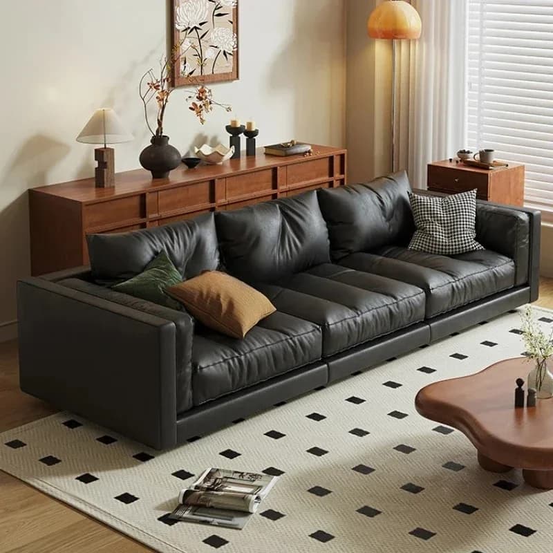 Divano in pelle di vacchetta in stile italiano, moderno e minimalista, per piccoli appartamenti, soggiorno a blocchi, di alta gamma.