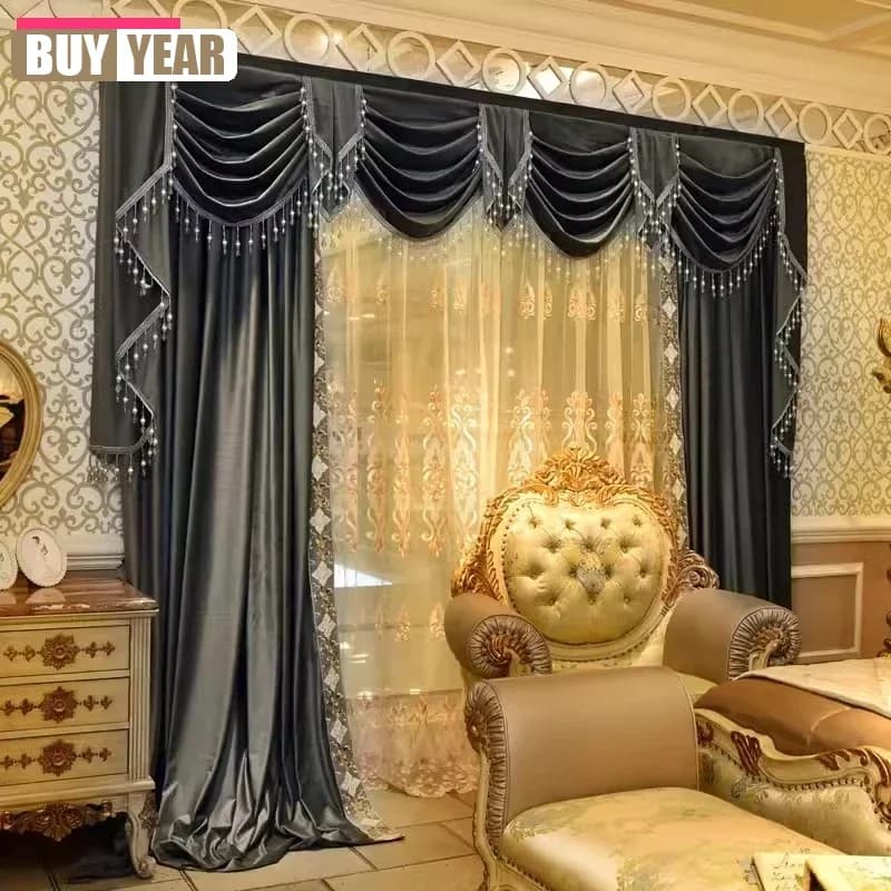 European Luxury Grey Velvet Curtains For Living Room And Bedroom Window Blackout Decor Bead Valance Embroidered Tulle Custom Set