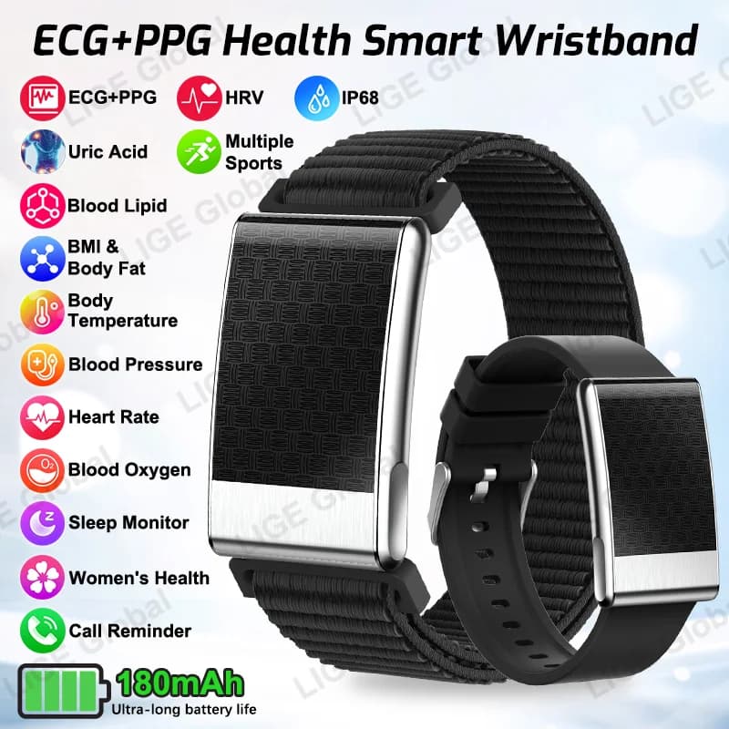 LIGE Nuovo ECG + PPG Grado infermieristico Braccialetto intelligente Lipidi nel sangue Acido urico Temperatura corporea Ossigeno nel sangue Sport Fitness Orologi sanitari