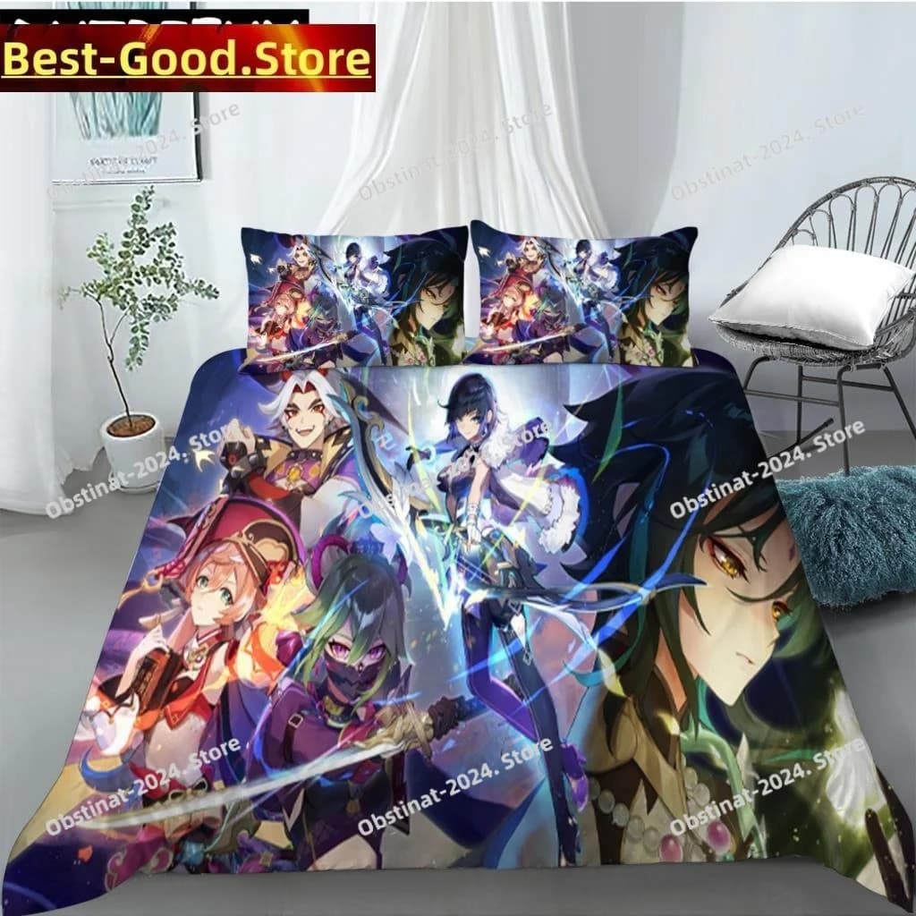 Vendita calda Gioco Anime Genshin Impact Stampato Set biancheria da letto Copripiumini Federe Trapunte Set biancheria da letto Biancheria da letto Copripiumino 03
