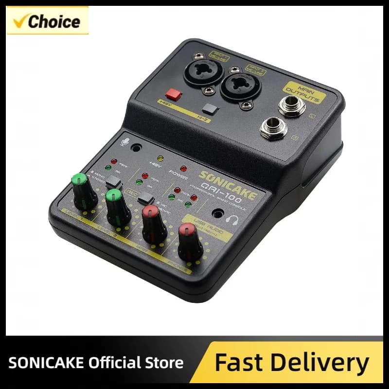 SONICAKE Mini mixer audio a 2 canali con scheda audio DJ Studio Registrazione musicale Home Karaoke Console di missaggio compatibile con PC QAI-100