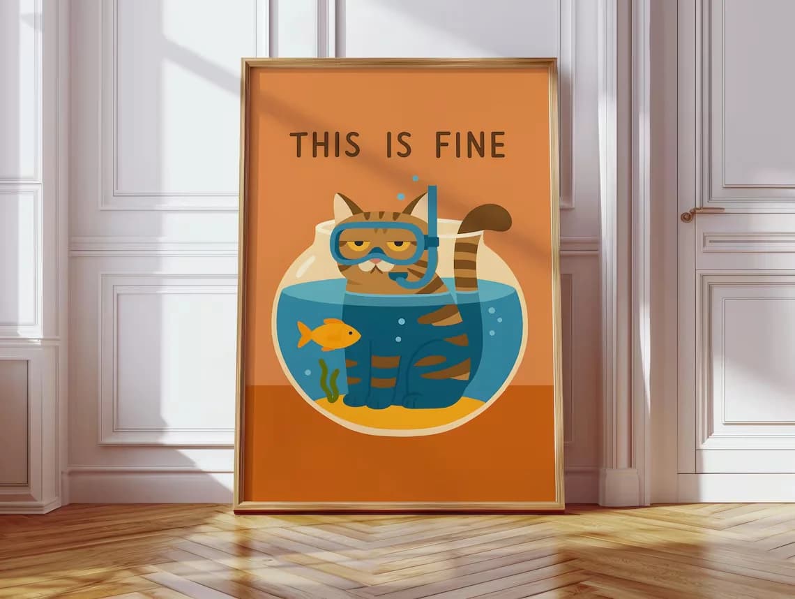 This Is Fine Cat Digital Download, Stampa da parete con gatto rosso che fa snorkeling, Stampabile, Decorazione da parete con gatto arancione, Pesce rosso sarcastico, Calmo