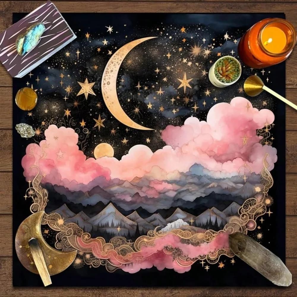 Tovaglia per Tarocchi in Diverse Misure, Stampa Fasi Lunari, Sole e Cielo Stellato, Panno per Altare in Poliestere, Decorazione per Divinazione e Rituali, Stregoneria