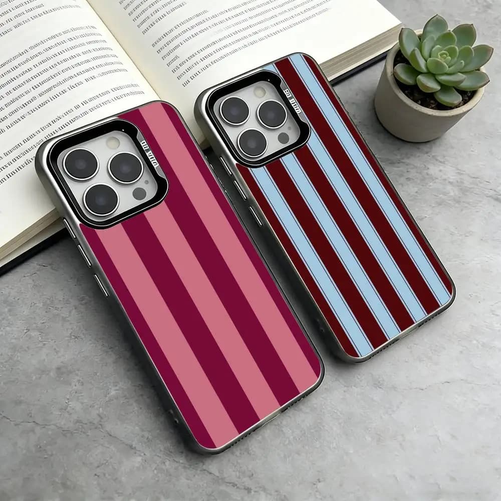 Custodia per telefono a righe bordeaux e bianche per iPhone 17, 16, 15, 14, 13, 12, 11 Plus, Pro Max, XS, Cover colorata argento
