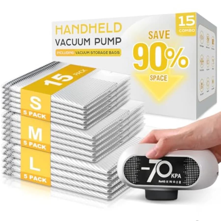Set di 15 Sacchetti Sottovuoto con Pompa Elettrica -70KPa, Sacchetti Premium Resistenti agli Strappi e Riutilizzabili per Risparmiare Spazio sui Vestiti