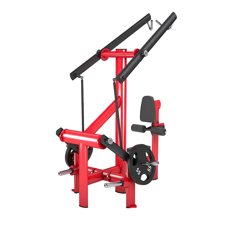 High Rowing Machine sitting on Iso-Lateral Steel Plate Loaded Horizontal Lat Pull High Pull Back Lat Free Weight Equipment