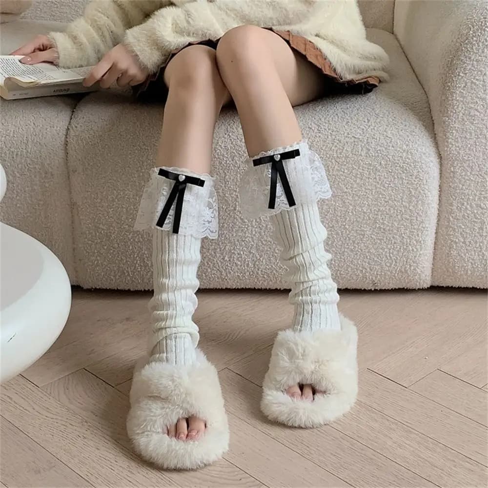 Sweet Keep Warm Leg Warmer/Arm Cover Bow Tie Lace Knitted Socks Feet Cover for Winter Autumn