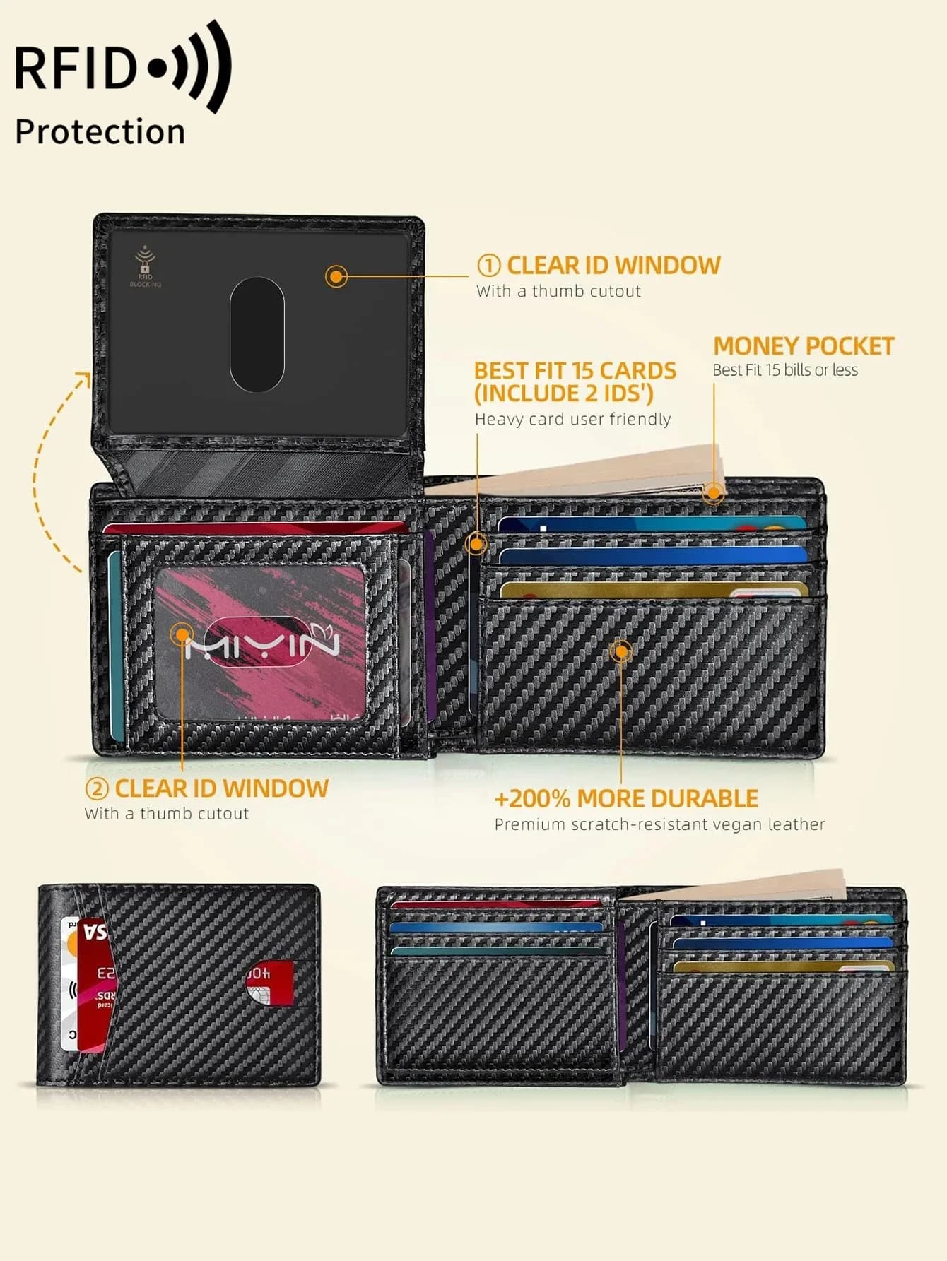 Porta carte di credito portatile con motivo in fibra di carbonio Portafoglio triplo ultrasottile con blocco RFID con 2 finestre ID e slot per schede multiple
