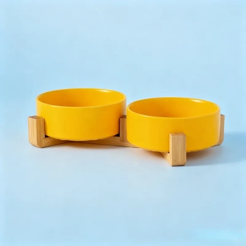 Ceramic Double Pet Food Water Bowls with Wooden Stand Anti-Spill Elevated Feeder for Cats Small Dogs Puppies