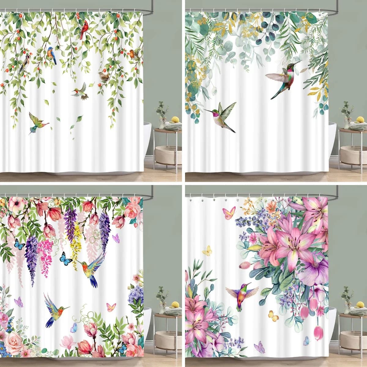 Hummingbird Butterfly Vine Floral Eucalyptus Print Waterproof Fabric Shower Curtain For Bathroom Decor
