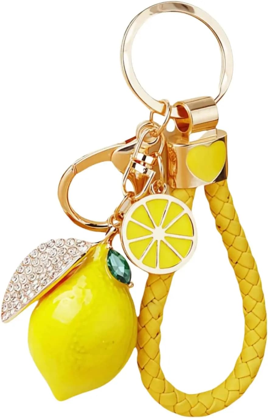 Lemon Keychain with Sparkling Crystals - Durable Alloy Key Ring, Cute Bag Charm for Women Men, Gift-Ready Backpack & Car Key Accessory (Sunshine Yellow)