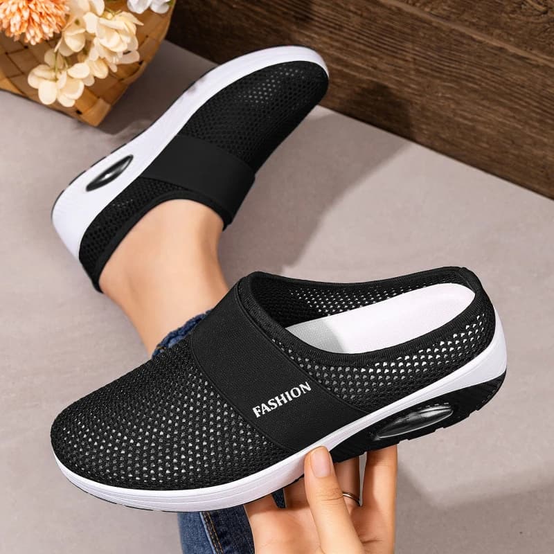 Women Hollow Mesh Mules Slip On Air Cushion Wedge Platform Walking Shoes Breathable Backless Casual Mom Sneakers Plus Size