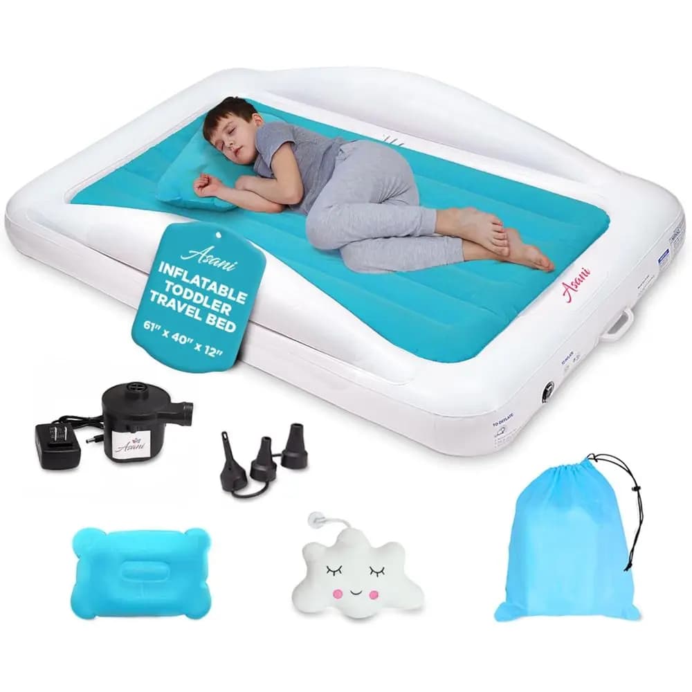 Letto da Viaggio Gonfiabile per Bambini, Pompa Elettrica, Materasso ad Aria Impermeabile, Paracolpi, Custodia per il Trasporto, Cuscino - per Bambini Fino a 4 Anni - Blu | Portatile