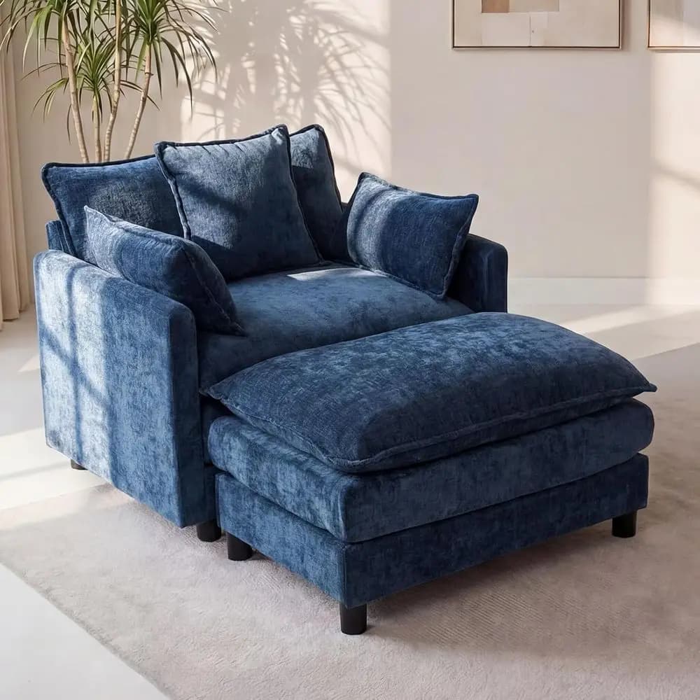 Blue Single Seat Sofa with Ottoman, Chenille Upholstered Accent Chair, Spring-Embedded Cushion, Removable Covers, Solid Wood Fra