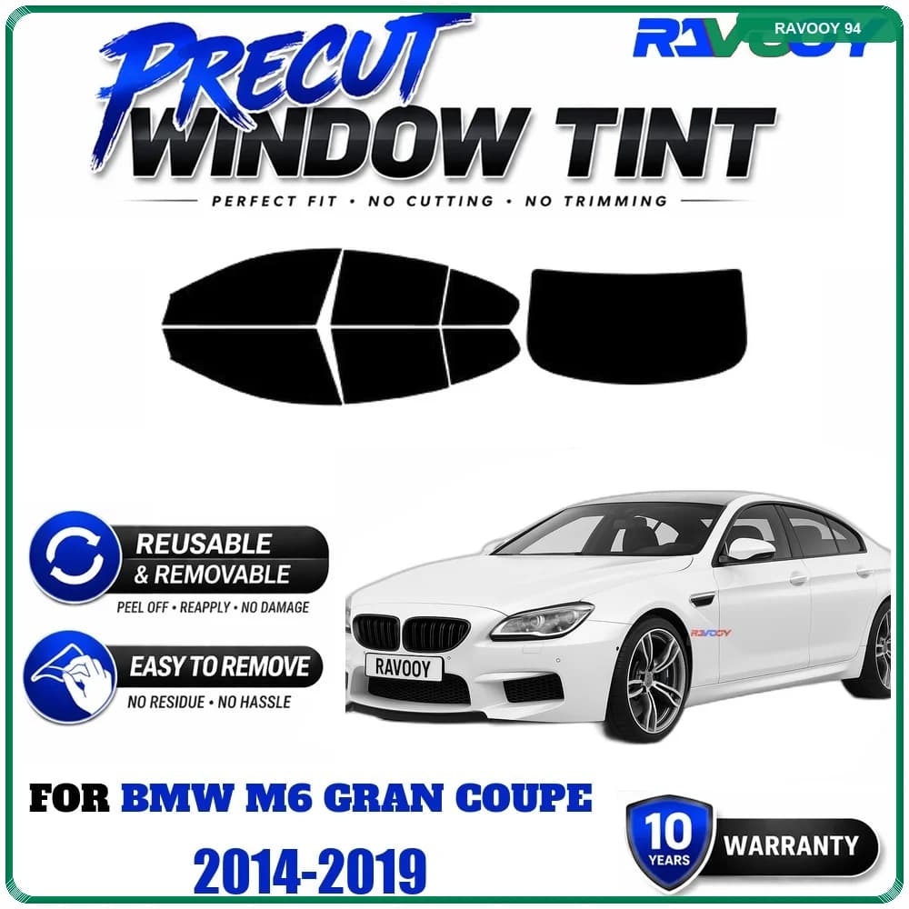 RAVOOY Precut Window Tint, Reusable Removable EPU Film, Custom Fit for Bmw M6 Gran Coupe 2014-2019, UV Heat Protection