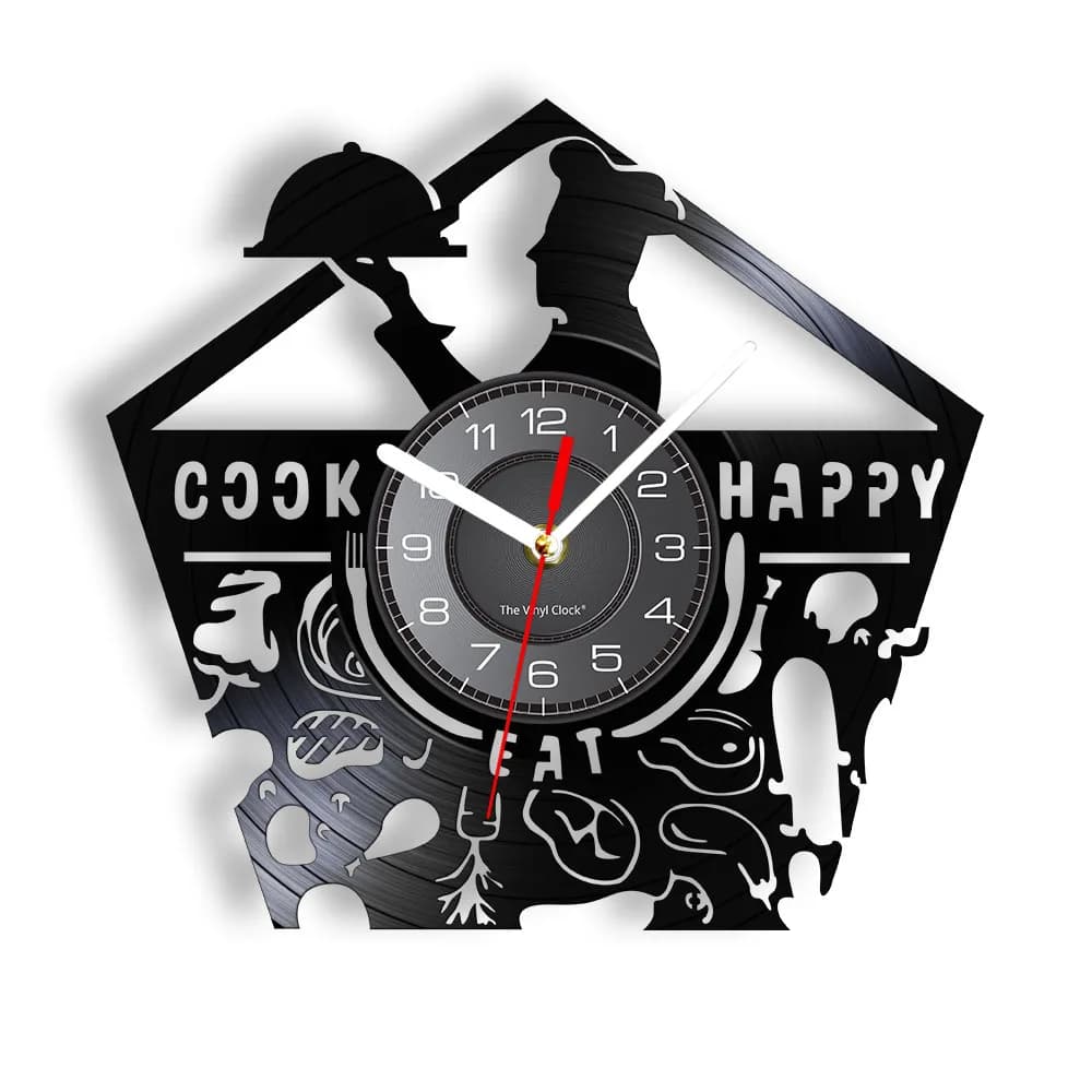 Bon Appetite Happy Cook Chef Wall clock for home kitchen Restaurant Musical Album Culinary wall clock with vinyl disc for gastronome