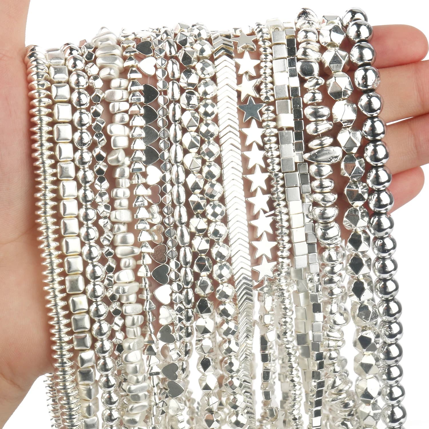 Silver plated beads with natural hematitis, round cube, irregular spacer, bulk beads for creating jewelry, DIY bracelets, earrings