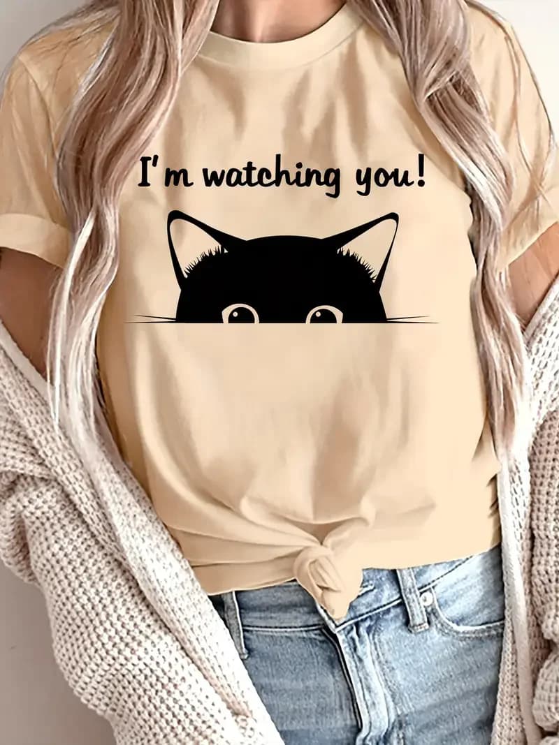T-shirt Cat T-shirt casual a maniche corte da donna Simpatico gatto cartone animato "Sono guardare te!" Maglietta con stampa grafica