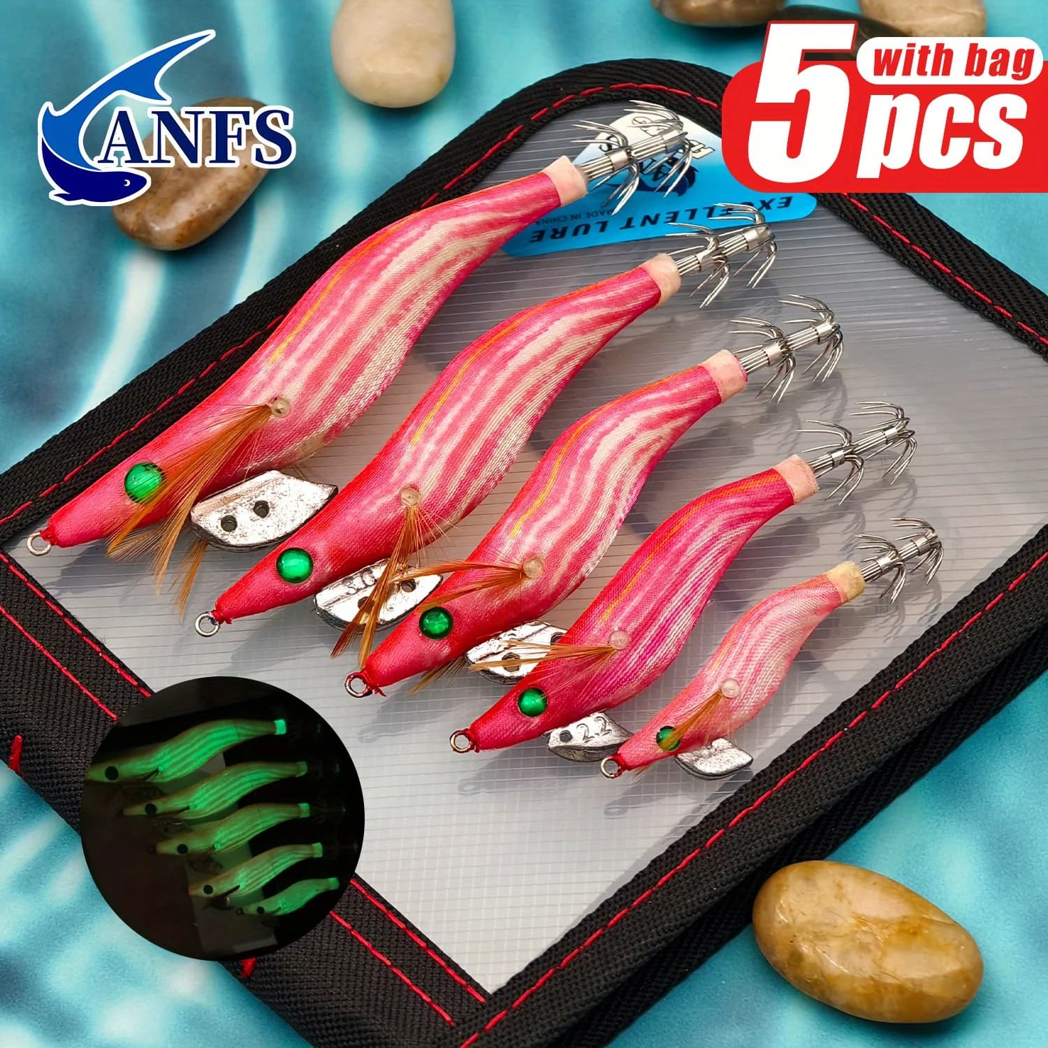 ANFS 5 pezzi esche jig calamari, esca artificiale per gamberetti per la pesca notturna, esche da pesca per la pesca in acqua salata