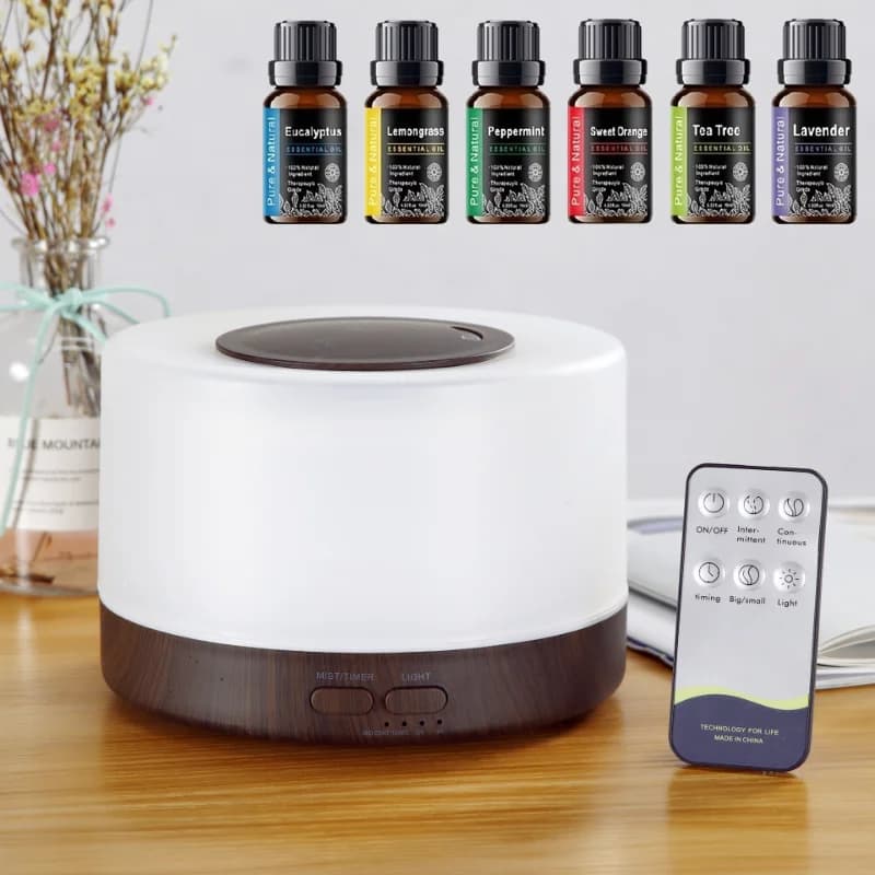 Nuovo Diffusore di Oli Essenziali da 500ml con Effetto Legno, 7 Luci Colorate, Telecomando, Spegnimento Automatico, Include 6 Oli Aromaterapici per la Casa