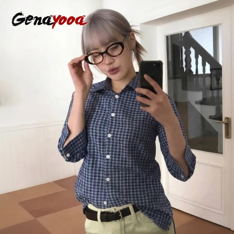 Genayooa Y2k Camicia a quadri Donna Tre quarti Camicia casual Giapponese anni 2000 Grunge Top Streetwear Camicia estiva Stile coreano