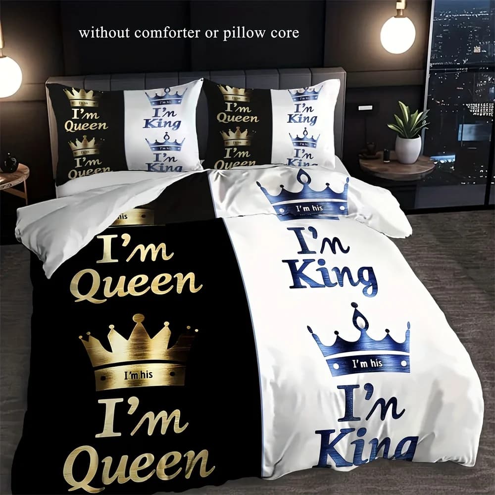 Set copripiumino con stampa di lettere a corona di lusso 2/3 pezzi (1 copripiumino + federa 1/2, senza anima), set biancheria da letto per coppia alla moda