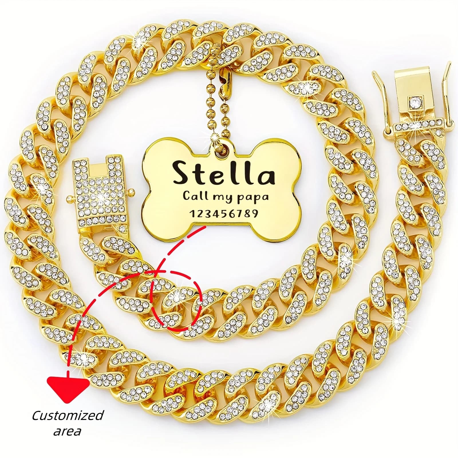 Collare a catena per cani personalizzato da 16 pollici Collare per cani a maglia cubana Collare per cani lampeggiante in metallo con design fibbia di sicurezza per cuccioli di animali domestici cha