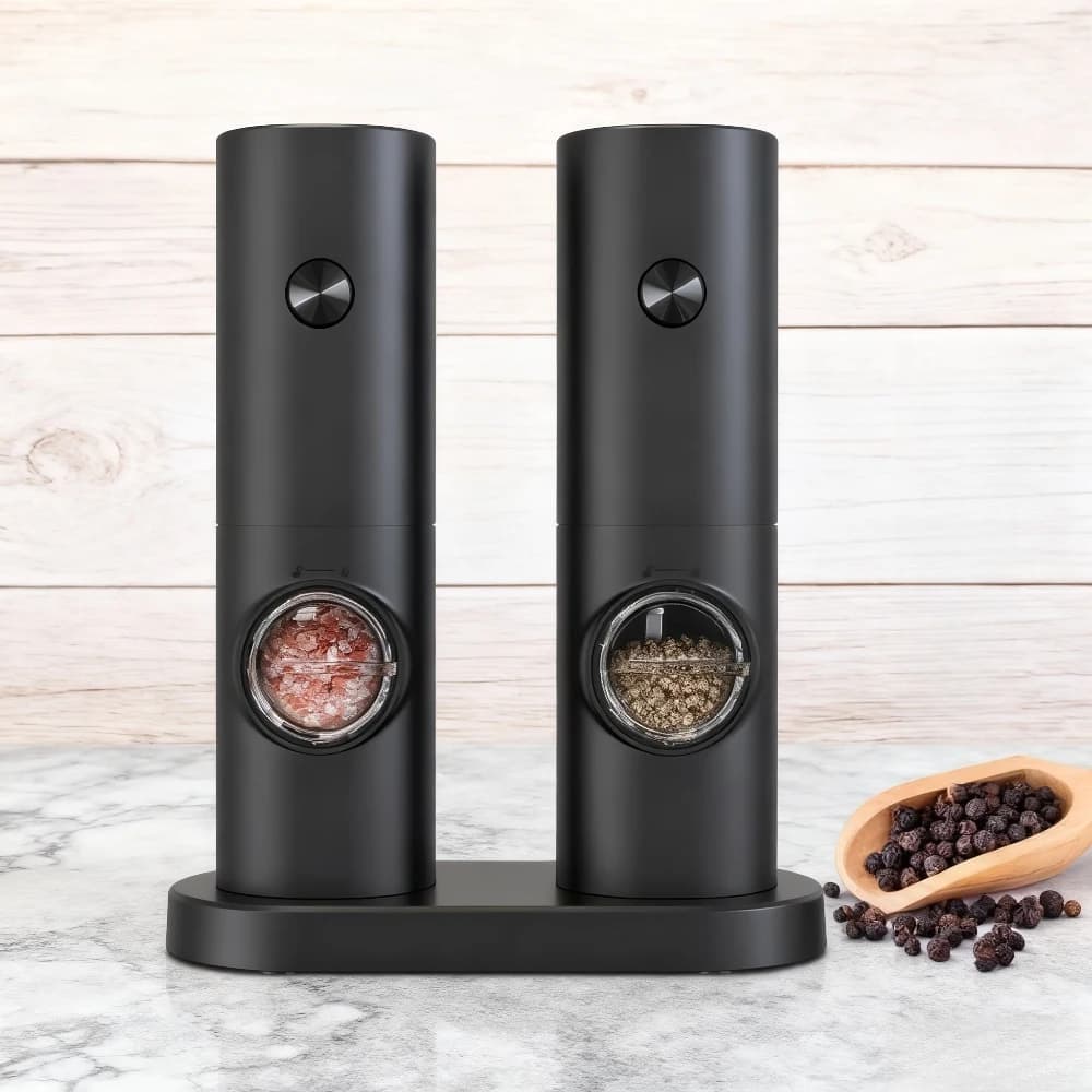 Set di macinapepe elettrico alimentato a batteria da 2 pezzi, mulino per spezie con grossolanità regolabile, con funzionamento con un clic, forniture da cucina